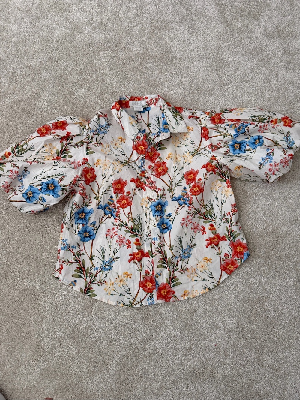 Floral Button-Up Blouse in White with Coral & Blue Flowers